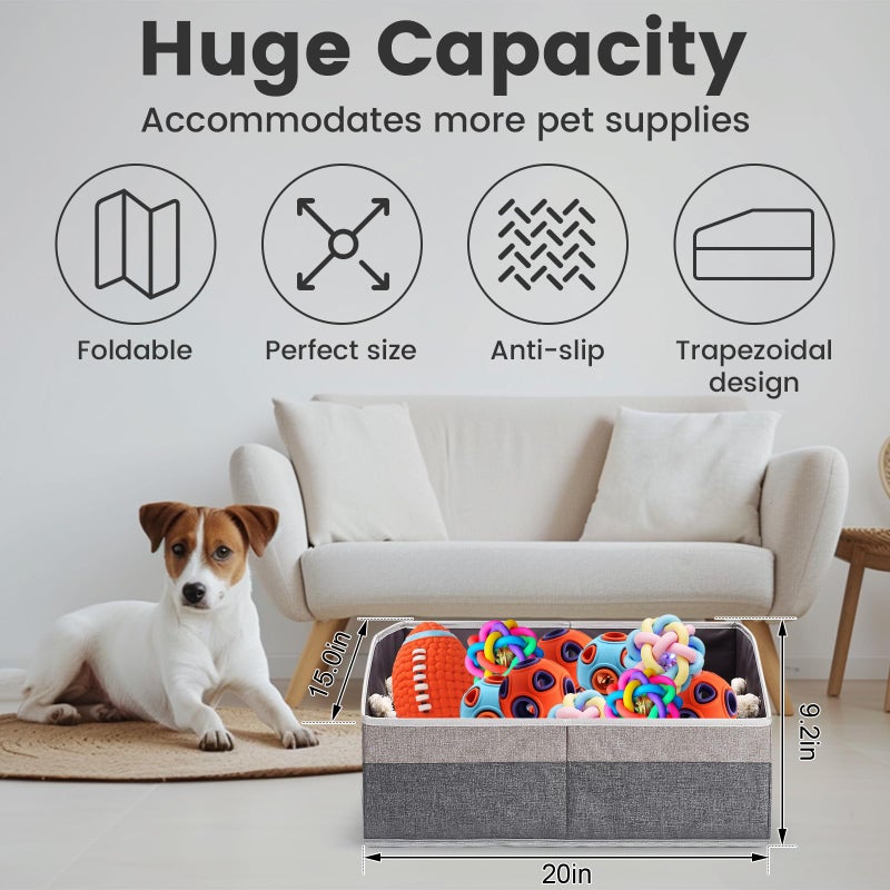 Nage-Bay Large Dog Toy Basket With Handle, Foldable Dog Toy Box for Living Room Area, 20" Basket for Dog's Toys, Clothes, Organizers and Storage with Hard Board, Anti-slip for Pet Toys (Gray, Medium) - Image 2
