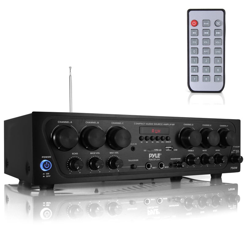Pyle Wireless Bluetooth Karaoke-6 Channel 750 Watt Home Audio Sound Power Stereo Receiver Amplifier w/USB, Headphone, 2 Microphone Input w/Echo, Talkover for PA PTA62BT, AUX, Black - Image 1