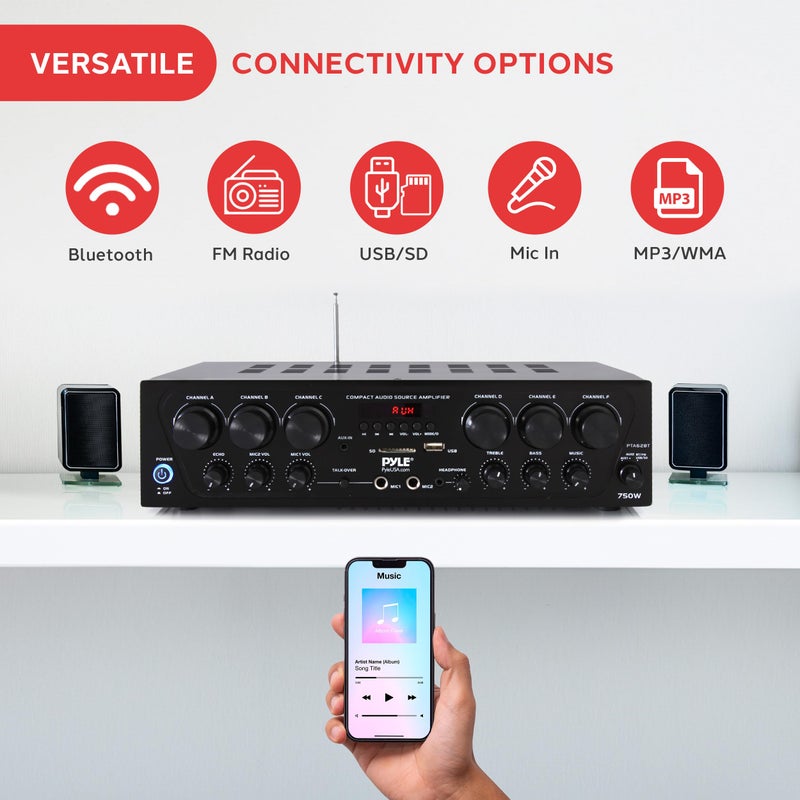 Pyle Wireless Bluetooth Karaoke-6 Channel 750 Watt Home Audio Sound Power Stereo Receiver Amplifier w/USB, Headphone, 2 Microphone Input w/Echo, Talkover for PA PTA62BT, AUX, Black - Image 4