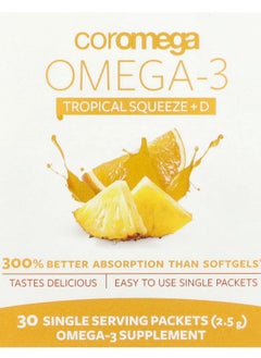 Coromega Omega3 Tropical Squeeze + D 30 Single Serving Packets 2.5 g Each 