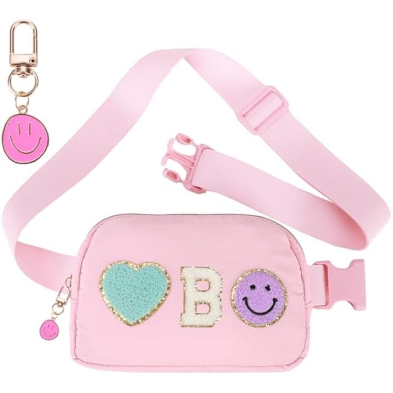 شنطة كروس بحزام من النايلون للبنات بعمر 4-14 سنة من فاني باك مع سلسلة مفاتيح، شنط خصر للحفلات للاطفال والمراهقين والبنات، هدايا شخصية لحفلات اعياد الميلاد والكريسماس، زهري B - Image 1