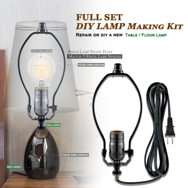 EMNOOTI Lamp Making Kit,Make a Lamp or Repair Kit,3-Way Lamp Socket with Matching Cord Lamp Harp Set,Lamp Wiring Kit for Table Floor Lamp,Essential Hardware for DIY Lamp Design or Repair (Black, 1) - Image 4