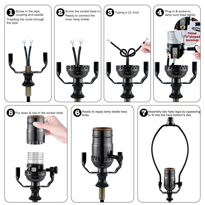 EMNOOTI Lamp Making Kit,Make a Lamp or Repair Kit,3-Way Lamp Socket with Matching Cord Lamp Harp Set,Lamp Wiring Kit for Table Floor Lamp,Essential Hardware for DIY Lamp Design or Repair (Black, 1) - Image 3