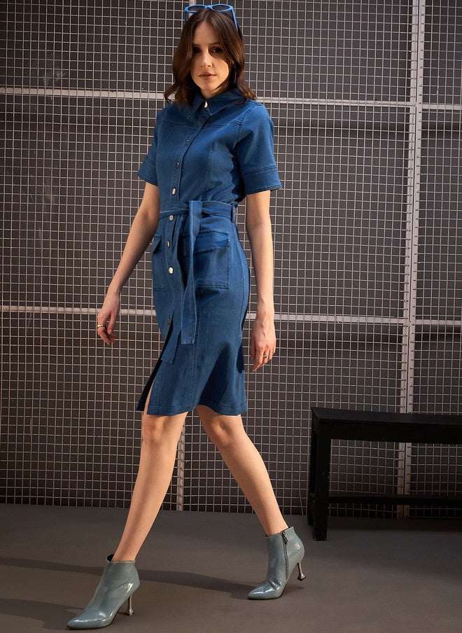 StyleStone فستان قميص جينز أزرق من ستايل ستون مع تفاصيل ربط - Image 3