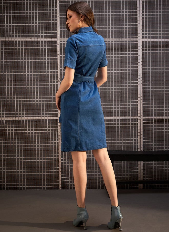 StyleStone فستان قميص جينز أزرق من ستايل ستون مع تفاصيل ربط - Image 4