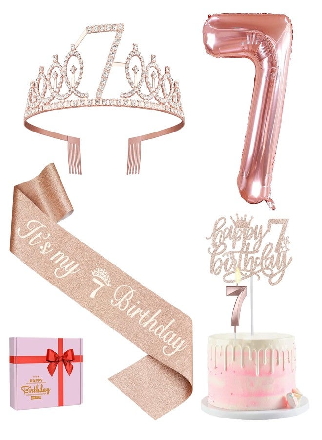YeohJoy 7th Birthday Decorations for Girls, Including 7th Birthday Sash and Tiara, Cake Topper and Candle, Number Balloon, 7 Year Old Girl Gifts - Image 1
