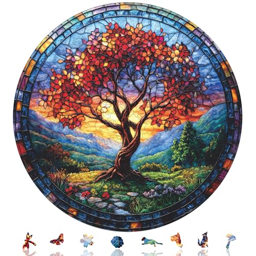 Qiuenisray Wooden Puzzles Autumn Redwood Tree Jigsaw Puzzles 200 Pieces FSC Certified Wood Puzzle Beautiful Wall Decor Unique Shape Adult Puzzle Pieces Creative Gift for Family Game 112x112 in - Image 1
