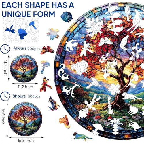 Qiuenisray Wooden Puzzles Autumn Redwood Tree Jigsaw Puzzles 200 Pieces FSC Certified Wood Puzzle Beautiful Wall Decor Unique Shape Adult Puzzle Pieces Creative Gift for Family Game 112x112 in - Image 5