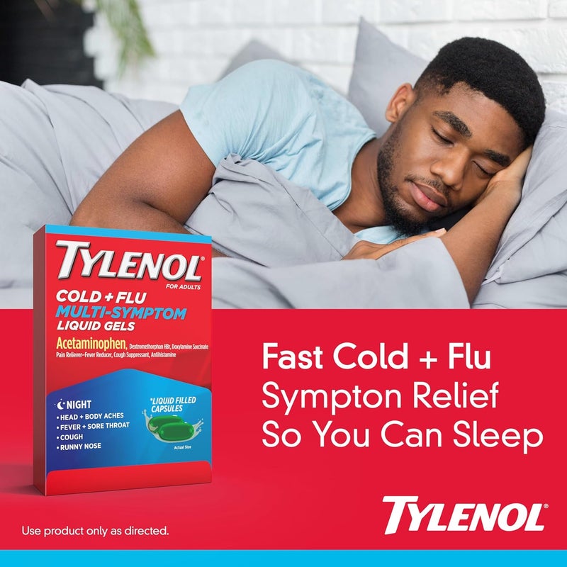 Tylenol Nighttime Cold Flu MultiSymptom Liquid Gels Adult Cold Flu Relief Medicine Pain Reliever Fever Reducer Cough Suppressant Antihistamine 24 ct - Image 3
