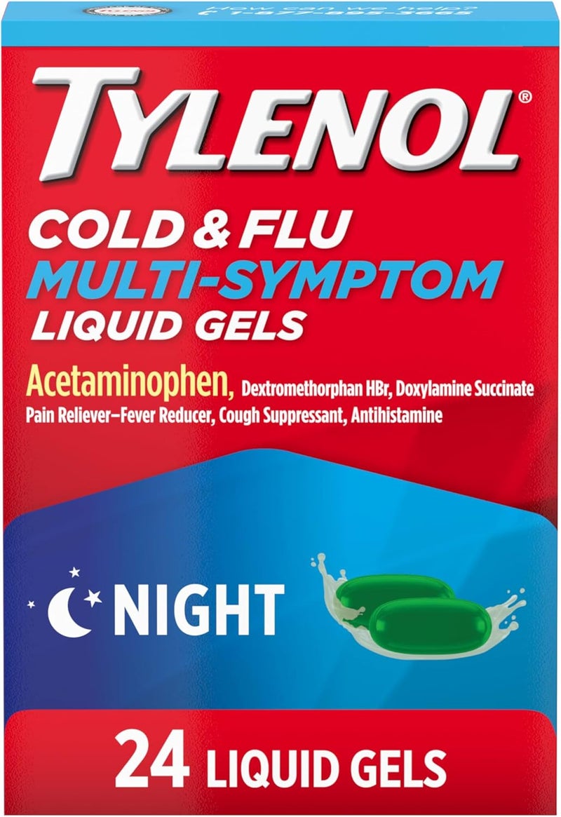 Tylenol Nighttime Cold Flu MultiSymptom Liquid Gels Adult Cold Flu Relief Medicine Pain Reliever Fever Reducer Cough Suppressant Antihistamine 24 ct - Image 1