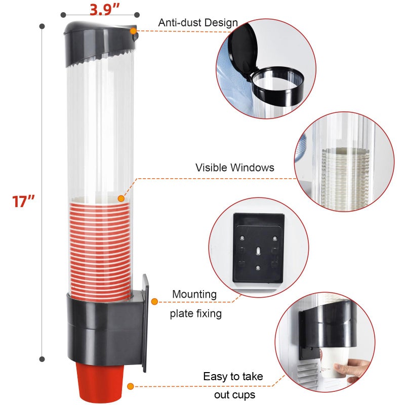 IWNTWY Cup Dispenser, Pull Type Wall Mount Cup Holder, Water Cooler Cup Dispenser Fits 7oz - 12oz Cups for Home Office Hospital Cups Organizer, Adhesive Paste or Screw Install (Black, Large) - Image 2