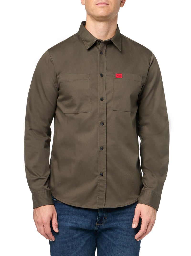 HUGO Cotton Twill Woven Logo Button Down ShirtSpinach GreenXXL