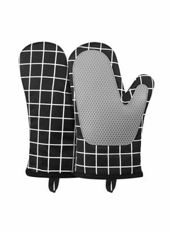 Oven Gloves Heat Resistant,Silicone with Cotton Double Oven Mitts with Cotton Lining and Non-Slip Surface for Cooking Baking Grilling Barbecue Microwave Gauntlet (Black)