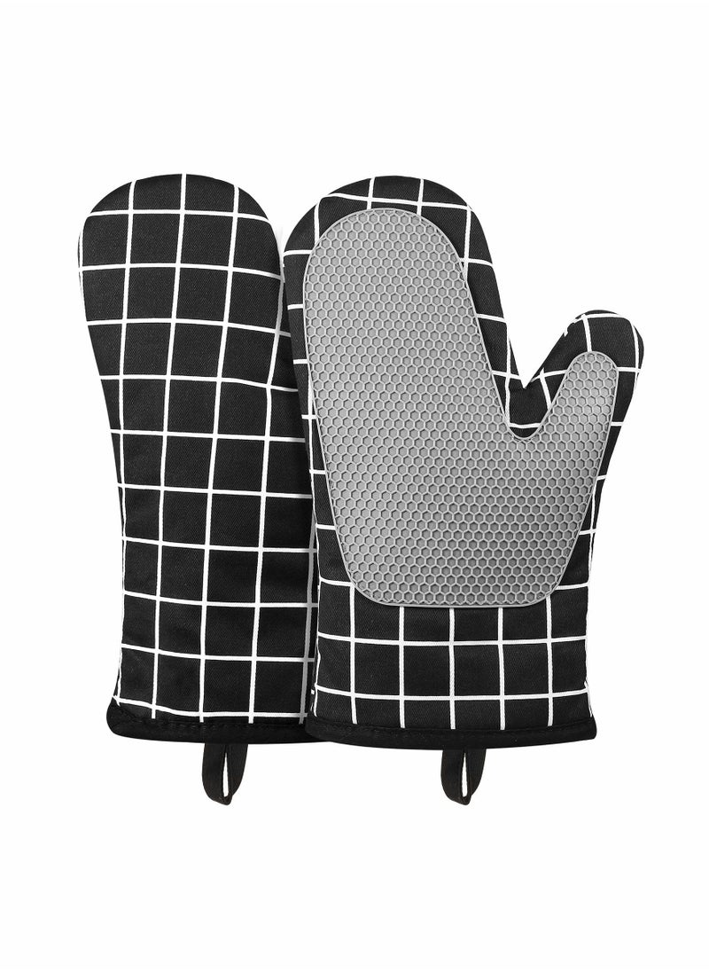 SYOSI - Oven Gloves Heat Resistant,Silicone with Cotton Double Oven Mitts with Cotton Lining and Non-Slip Surface for Cooking Baking Grilling Barbecue Microwave Gauntlet (Black) - Image 1