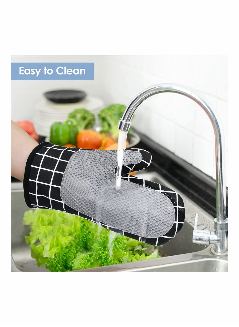 SYOSI - Oven Gloves Heat Resistant,Silicone with Cotton Double Oven Mitts with Cotton Lining and Non-Slip Surface for Cooking Baking Grilling Barbecue Microwave Gauntlet (Black) - Image 1