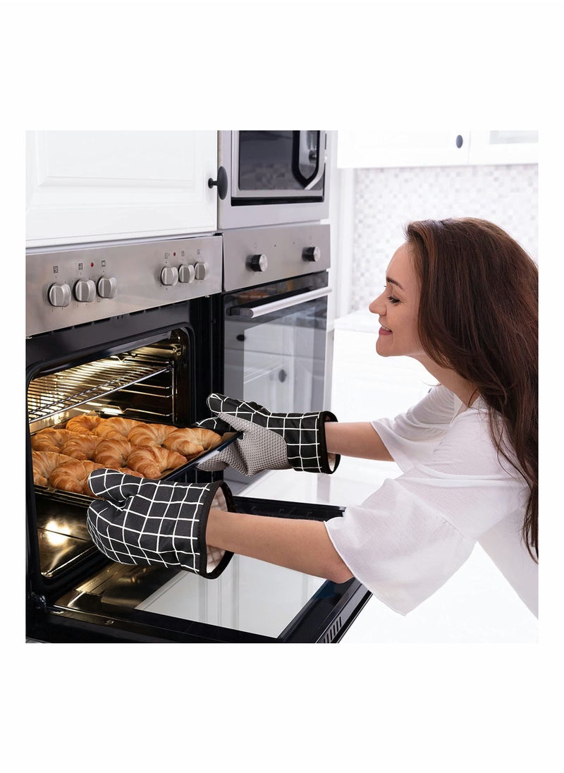 SYOSI - Oven Gloves Heat Resistant,Silicone with Cotton Double Oven Mitts with Cotton Lining and Non-Slip Surface for Cooking Baking Grilling Barbecue Microwave Gauntlet (Black) - Image 1
