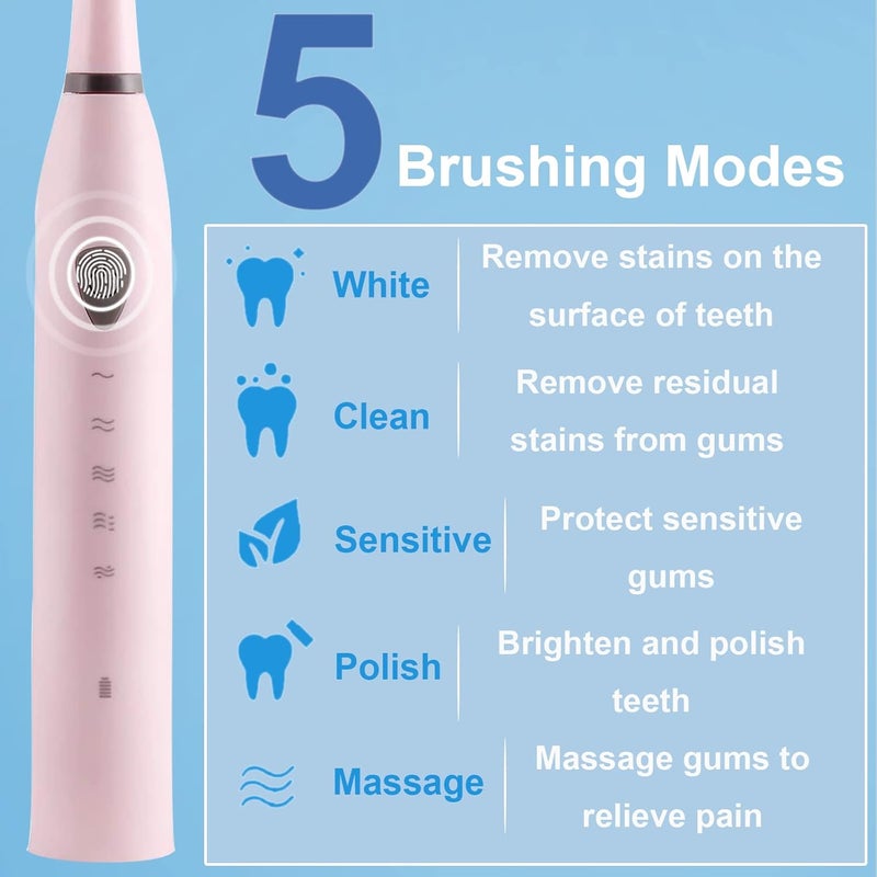 FEMBW Rechargeable Electric Sonic Toothbrush for Adults Teens with 5 Modes 2 Mins Timer and 4 Duponts Toothbrush Heads 4 Hours Charge Last 30 Days - Image 5