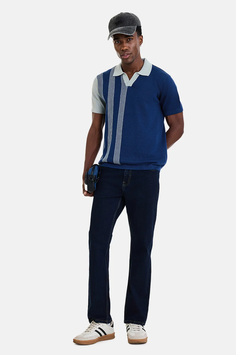 SNITCH Navy Blue Striped Half Sleeve Regular Fit Casual T-Shirt