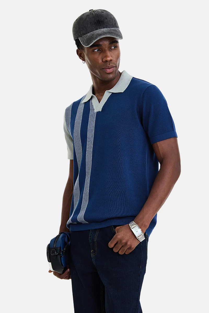 SNITCH Navy Blue Striped Half Sleeve Regular Fit Casual T-Shirt