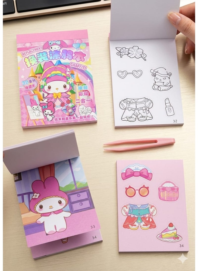 4 Interactive Cartoon Whistle 2-in-1 Sticker Book - White and Colors, Coloring and Dress-Up with Precision Tweezers - 32 Pieces - Image 1