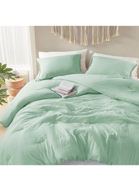Codi Sage Green Boho King Bedding Set  Aesthetic Luxurious Pom Fringe Design Comforter  Cute Soft Washed Microfiber Bed Sets  Lightweight Chic 3pcs 1 Comforter & 2 Pillowcases (104x90 Inches)