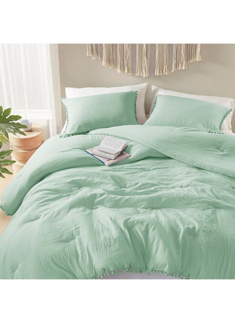 CODi Codi Sage Green Boho King Bedding Set  Aesthetic Luxurious Pom Fringe Design Comforter  Cute Soft Washed Microfiber Bed Sets  Lightweight Chic 3pcs 1 Comforter & 2 Pillowcases (104x90 Inches)  - Image 1