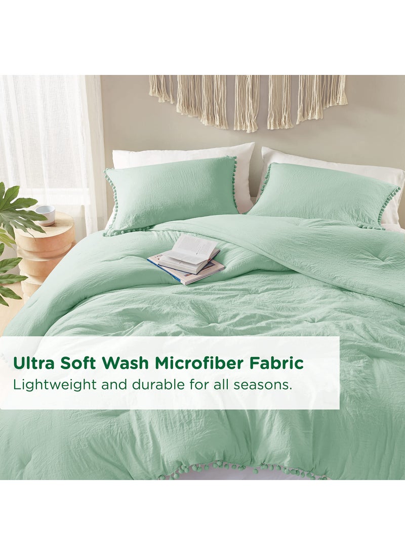 CODi Codi Sage Green Boho King Bedding Set  Aesthetic Luxurious Pom Fringe Design Comforter  Cute Soft Washed Microfiber Bed Sets  Lightweight Chic 3pcs 1 Comforter & 2 Pillowcases (104x90 Inches)  - Image 3