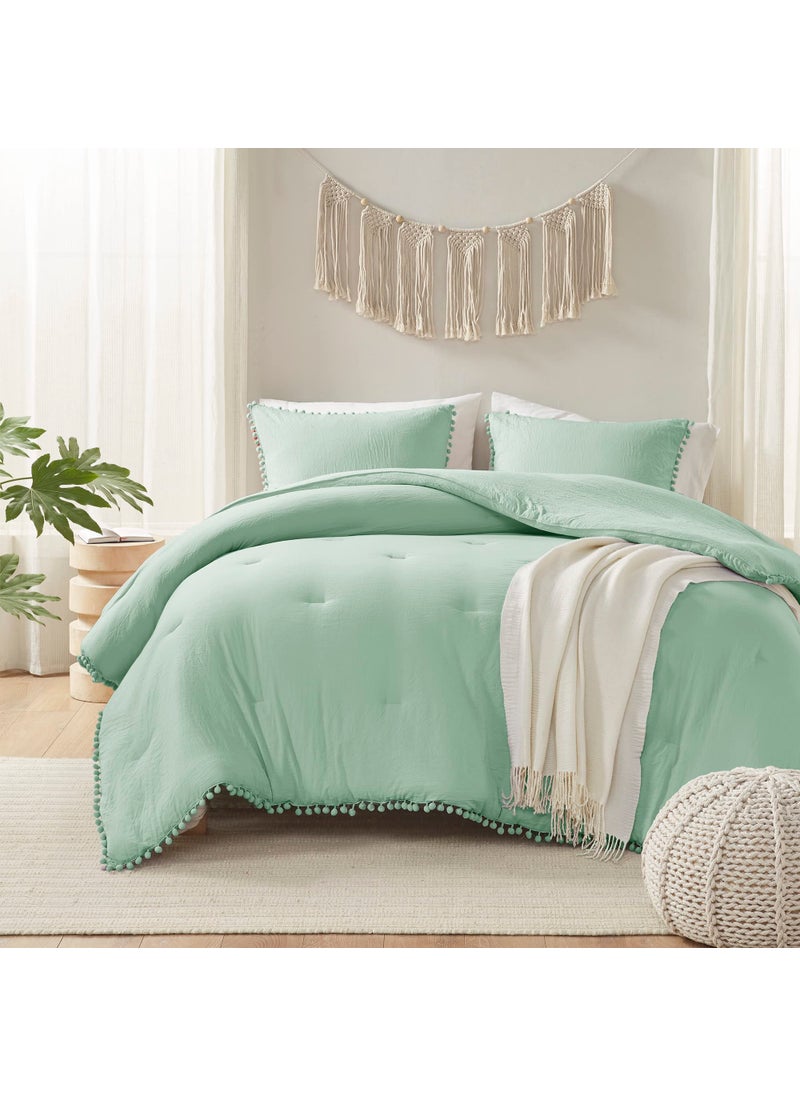 CODi Codi Sage Green Boho King Bedding Set  Aesthetic Luxurious Pom Fringe Design Comforter  Cute Soft Washed Microfiber Bed Sets  Lightweight Chic 3pcs 1 Comforter & 2 Pillowcases (104x90 Inches)  - Image 2