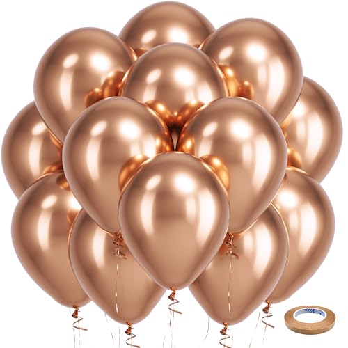 Bezente Rose Gold Metallic Chrome Balloons 100 Pack 12 inch Rose Gold Latex Round Helium Balloons for Wedding Anniversary Bridal Shower Birthday Party Decorations - Image 1