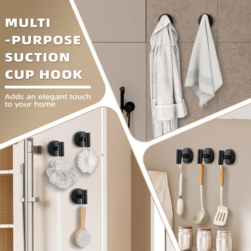 Fenas Suction Cup Hooks for Shower - Bathroom Reusable Hooks for Towels, Robes & Loofah - No-Drill Mounting on Kitchen,Walls,Metal,Glass,Mirrors,Tile & Smooth Non-Porous Surfaces (2, Matte Black) - Image 4