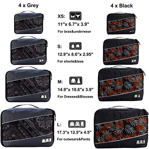 Idesort 8 Set Packing Cubes, Travel Luggage Bags Organizers Mixed Color Set (Black Grey) - Image 2