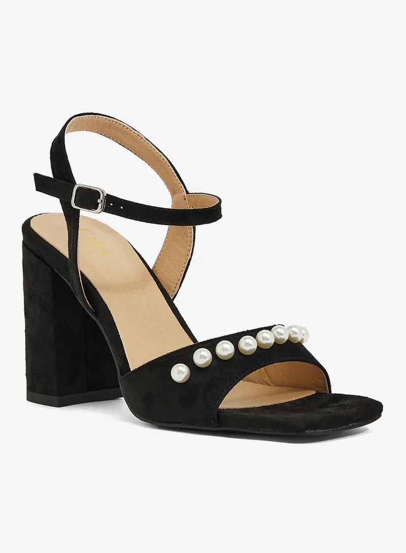 Ella Limited Edition Black suede platform sandal with large pearls on front strap