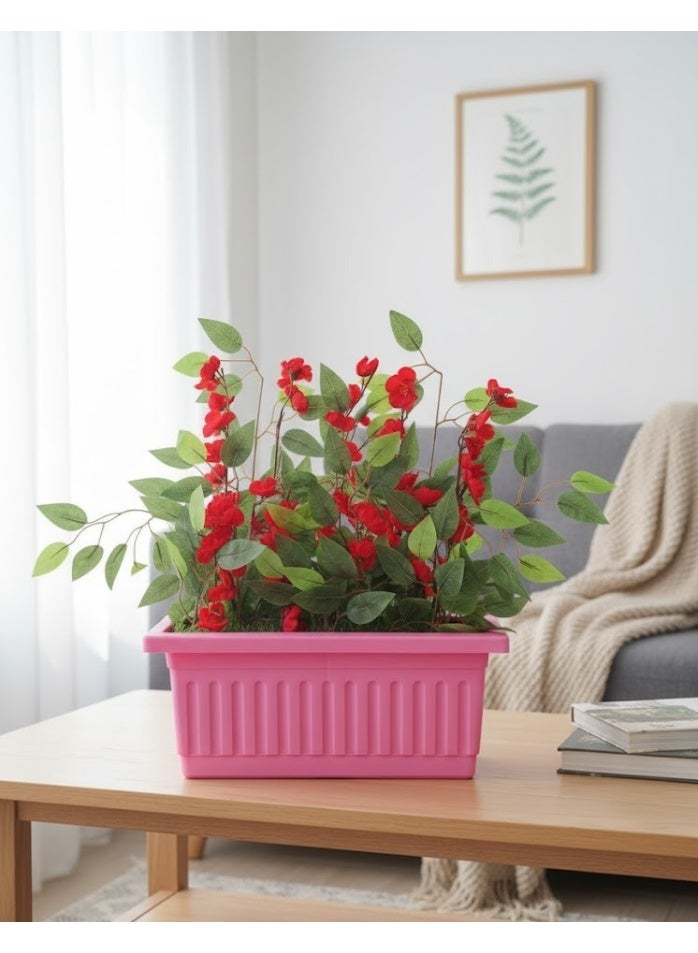 Artificial flower pot with a bouquet of roses and green leaves, a plastic pot for home decor, available in multiple colors.
