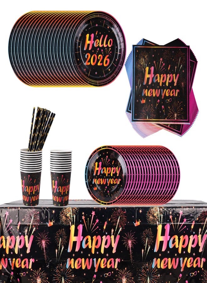 cnomg 101Pcs Happy New Year Plates and Napkins New Years Eve Party Supplies 2026 Disposable Dinnerware Set Colorful Fireworks Party Plates Napkins Cup Straw for New Year Eve Party Decorations Serve 20 - Image 1