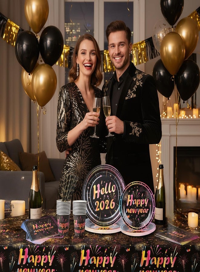 cnomg 101Pcs Happy New Year Plates and Napkins New Years Eve Party Supplies 2026 Disposable Dinnerware Set Colorful Fireworks Party Plates Napkins Cup Straw for New Year Eve Party Decorations Serve 20 - Image 2