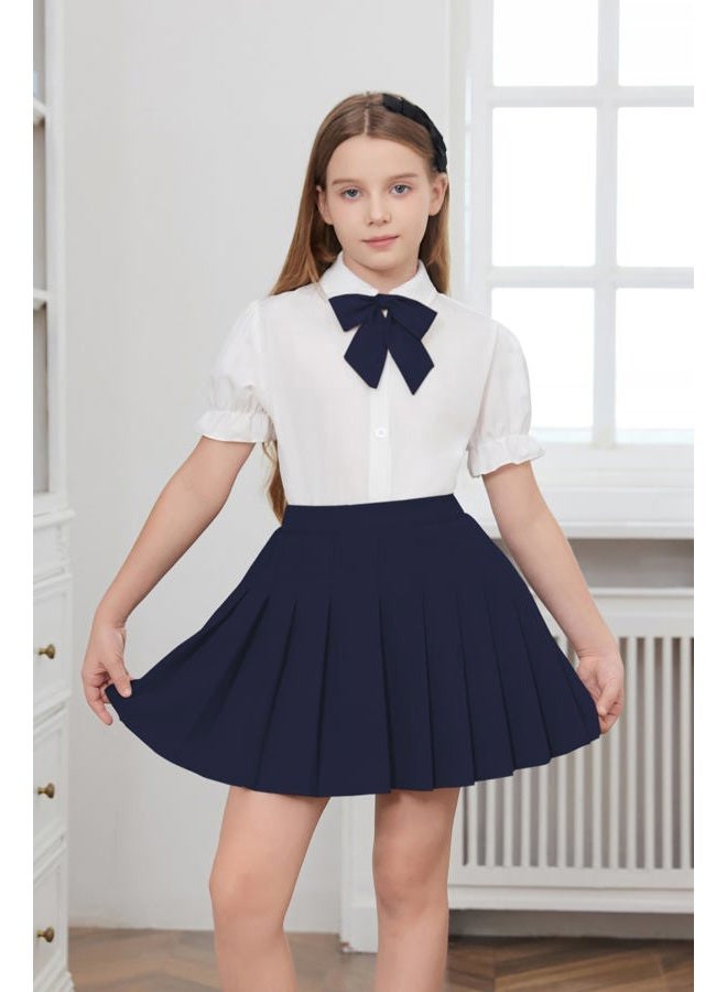 Betusline Girls Skirt Set JK School Uniform 2-Piece Outfit - Short Sleeve Shirt with Bow & Pleated Skirt 6-14 Years, Solid Dark Blue, 13-14 years - Image 3