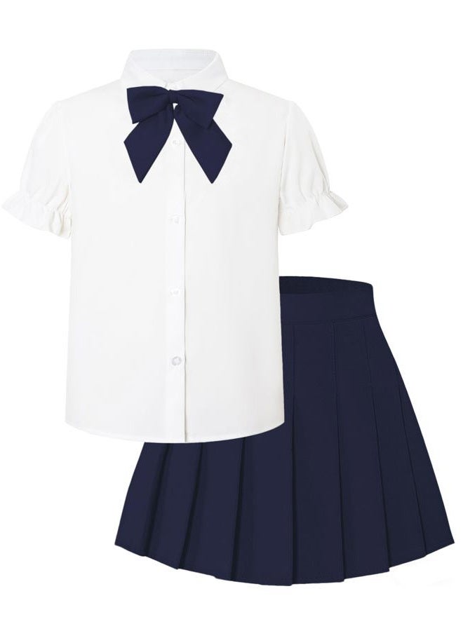 Betusline Girls Skirt Set JK School Uniform 2-Piece Outfit - Short Sleeve Shirt with Bow & Pleated Skirt 6-14 Years, Solid Dark Blue, 13-14 years - Image 1