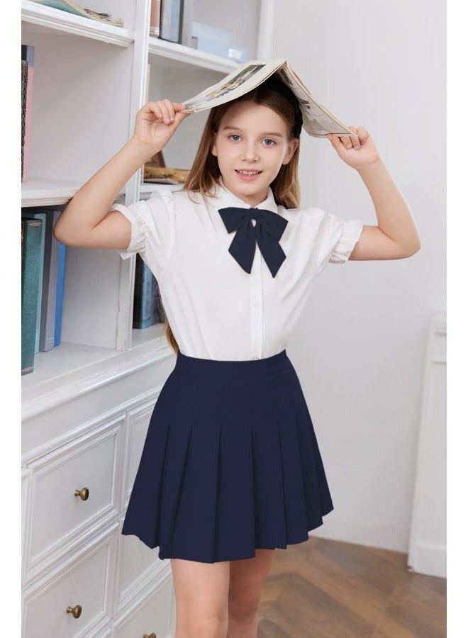 Betusline Girls Skirt Set JK School Uniform 2-Piece Outfit - Short Sleeve Shirt with Bow & Pleated Skirt 6-14 Years, Solid Dark Blue, 13-14 years - Image 2
