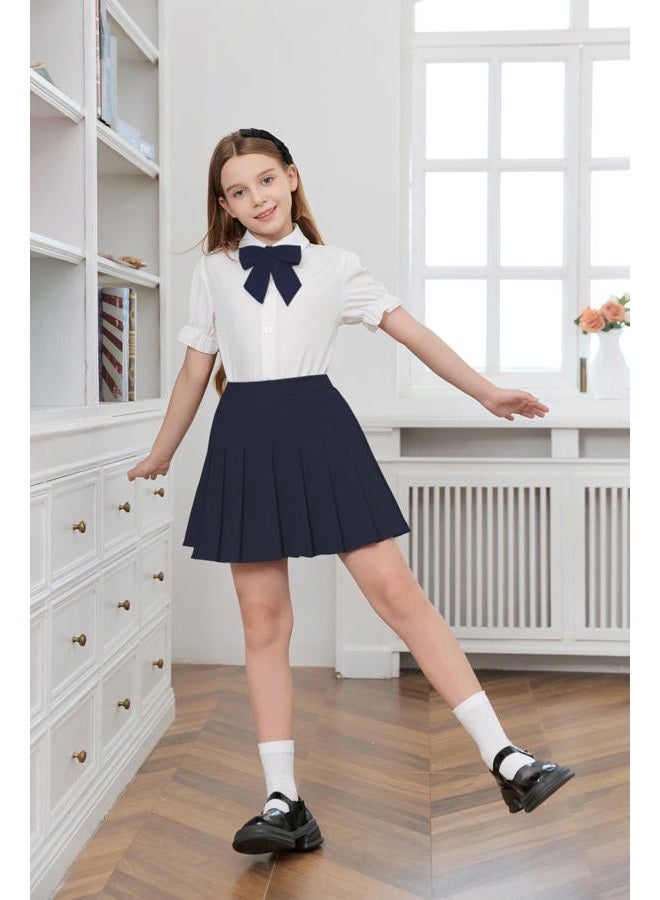 Betusline Girls Skirt Set JK School Uniform 2-Piece Outfit - Short Sleeve Shirt with Bow & Pleated Skirt 6-14 Years, Solid Dark Blue, 13-14 years - Image 4