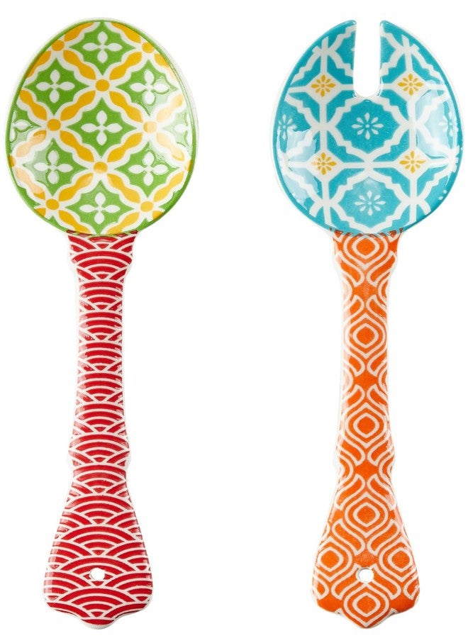 Metahom Ceramic Salad Servers, 9" Salad Spoon and Fork Set, Salad Tongs for Mixing, Tossing, Cooking and Stirring, Dishwasher & Microwave Safe, Set of 2, Orange & Red - Image 1