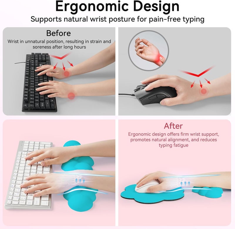 Sushret Memory Foam Cloud Wrist Rest Keyboard Set, 4-in-1: Ergonomic Keyboard Wrist Rest & Mouse Pad, Non-Slip for Office, Gaming and Home Office, Blue - Image 4