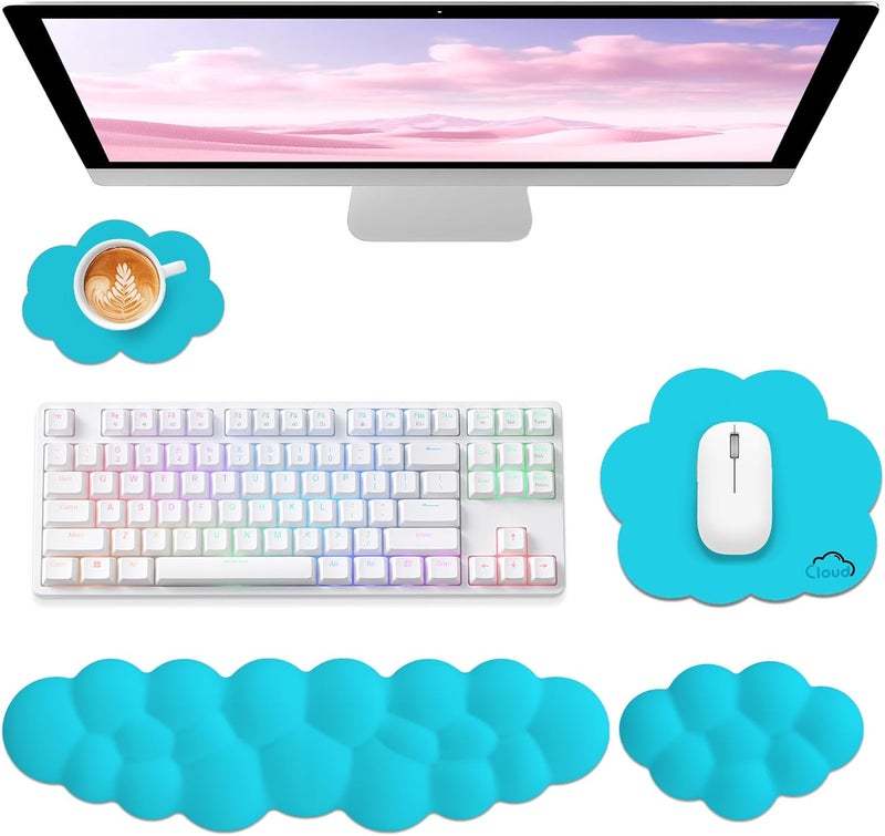 Sushret Memory Foam Cloud Wrist Rest Keyboard Set, 4-in-1: Ergonomic Keyboard Wrist Rest & Mouse Pad, Non-Slip for Office, Gaming and Home Office, Blue - Image 1
