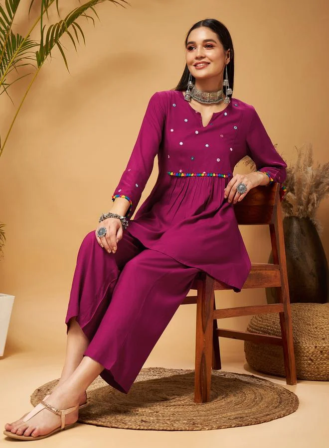 SASSAFRAS Mirror Work Embroidered Pom Pom Trim Kurti and Palazzos Set by Styli