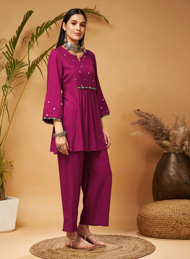 SASSAFRAS Mirror Work Embroidered Pom Pom Trim Kurti and Palazzos Set by Styli