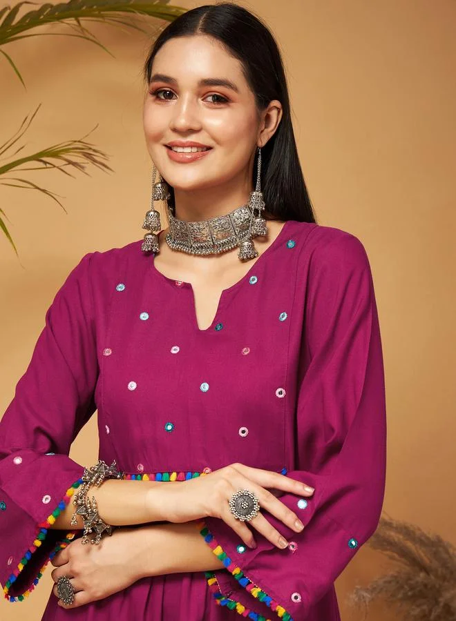 SASSAFRAS Mirror Work Embroidered Pom Pom Trim Kurti and Palazzos Set by Styli