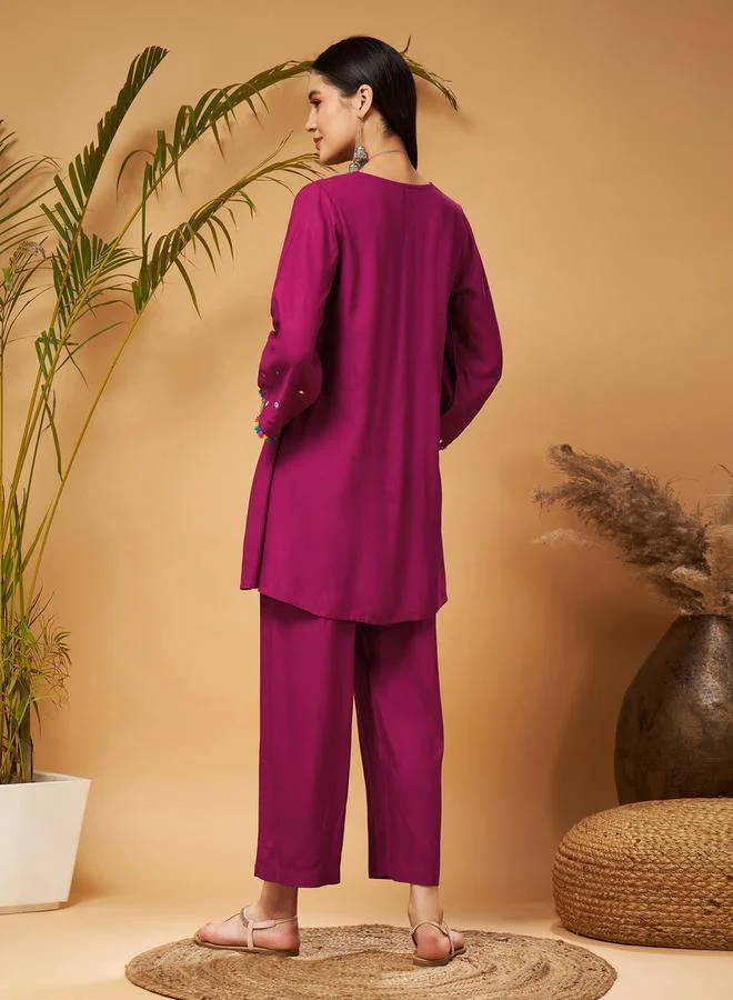 SASSAFRAS Mirror Work Embroidered Pom Pom Trim Kurti and Palazzos Set by Styli