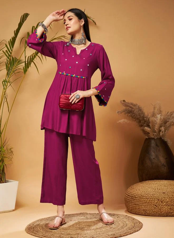 SASSAFRAS Mirror Work Embroidered Pom Pom Trim Kurti and Palazzos Set by Styli