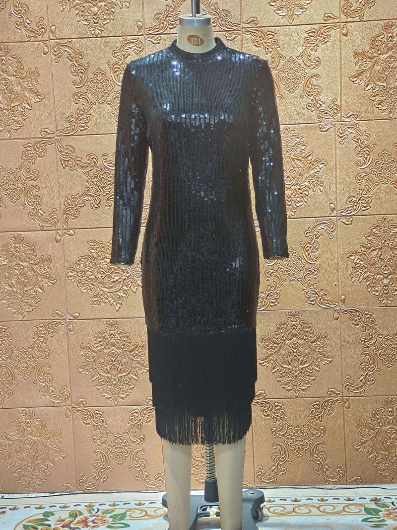 Cololura Sexy Elegant Women Sequin Long Sleeve Tassel Bodycon Midi Dress Party Evening Gown Formal Dress Black - Image 4