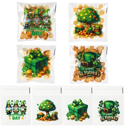 eowqeiur 100 PCS St Patricks Day Treat Bags Green Shanrock Ziplock Cellophane Bags for Cookie Candy Goodie Goody Snack Gifts Wrap Clover Spring Self Sealing Baggies Pouch St Patricks Party Favors Supplies - Image 1