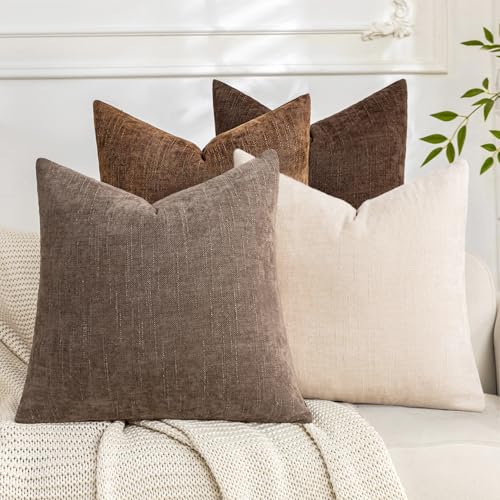 Cozoomy Set of 4 Soft Textured Throw Pillow Covers 18x18 Inch Cozy Decorative Farmhouse Cushion Cover Square Accent Pillow Cases for Bed Couch Sofa Living Room Beige Taupe Brown - Image 1